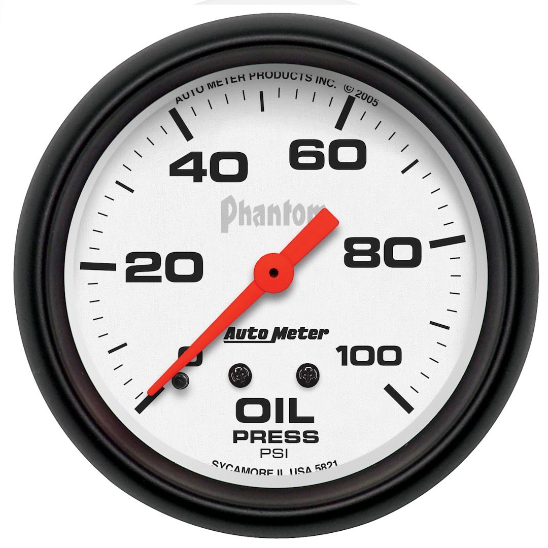 AutoMeter Gauge Oil Pressure, Phantom ®, 2-5/8 Inch, Full Sweep Mechanical, Analog, 0-100 PSI, White Face/ Black Bezel/ Orange Needle – 5821