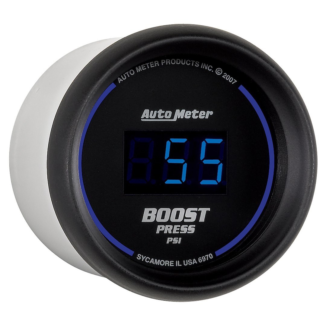 AutoMeter Gauge Boost, Cobalt ™, 2-1/16 Inch, Electric, 5-60 PSI, Digital, Black and Blue Face/ Black Bezel/ Blue Numbers – 6970