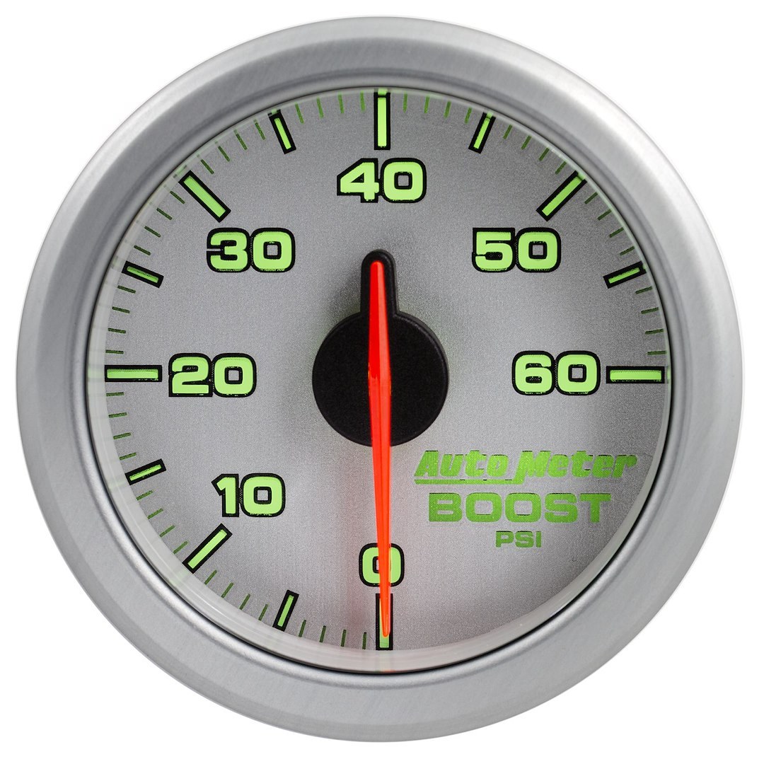 AutoMeter Gauge Boost, Airdrive, 2-1/16 Inch, Short Sweep, Electric, 0-60 PSI, Analog, White and Silver Face/ Silver Bezel/ Red Needle – 9160-UL