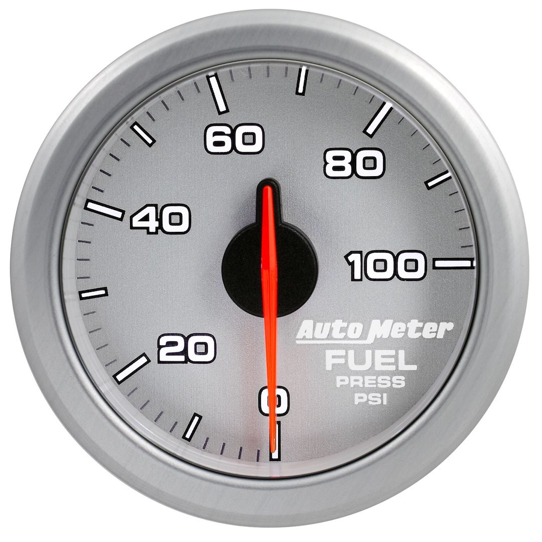 AutoMeter Gauge Fuel Pressure, Airdrive, 2-1/16 Inch, Short Sweep, Electric, 0-100 PSI, White and Silver Face/ Silver Bezel/ Red Needle – 9171-UL