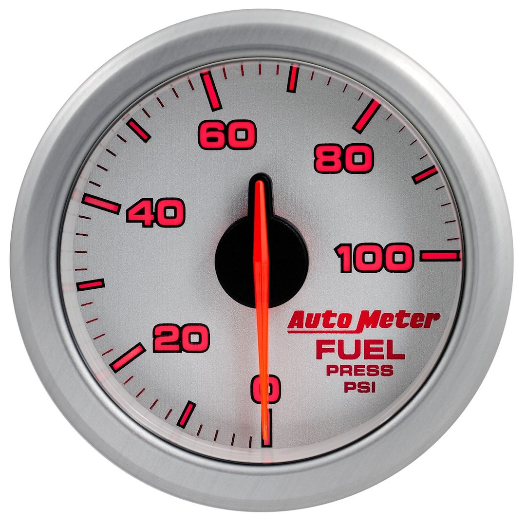 AutoMeter Gauge Fuel Pressure, Airdrive, 2-1/16 Inch, Short Sweep, Electric, 0-100 PSI, White and Silver Face/ Silver Bezel/ Red Needle – 9171-UL