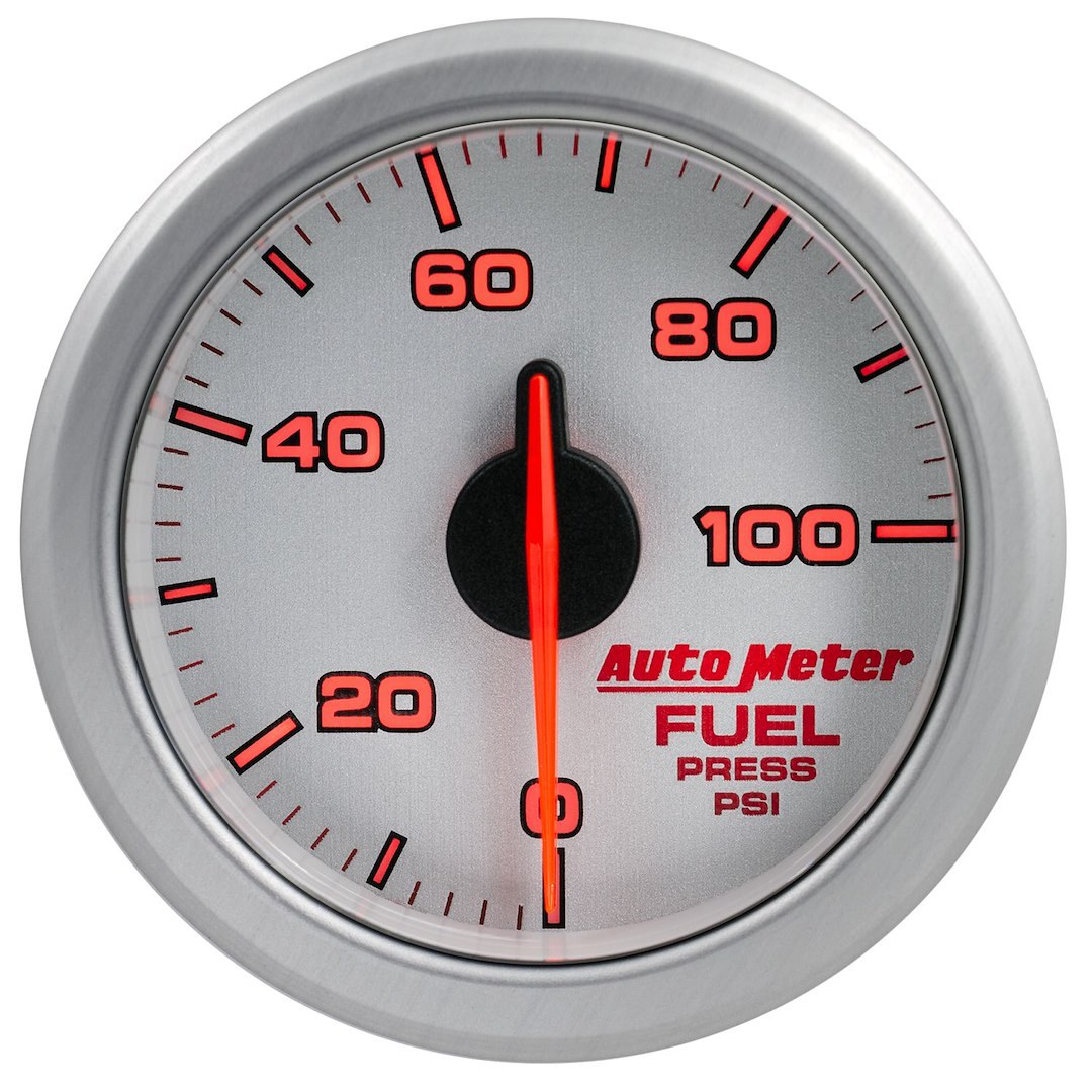 AutoMeter Gauge Fuel Pressure, Airdrive, 2-1/16 Inch, Short Sweep, Electric, 0-100 PSI, White and Silver Face/ Silver Bezel/ Red Needle – 9171-UL