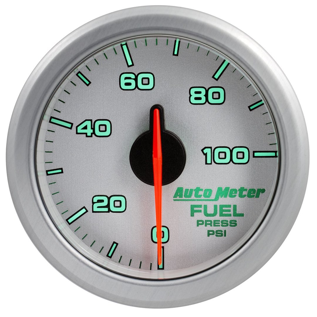 AutoMeter Gauge Fuel Pressure, Airdrive, 2-1/16 Inch, Short Sweep, Electric, 0-100 PSI, White and Silver Face/ Silver Bezel/ Red Needle – 9171-UL