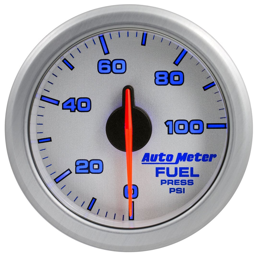 AutoMeter Gauge Fuel Pressure, Airdrive, 2-1/16 Inch, Short Sweep, Electric, 0-100 PSI, White and Silver Face/ Silver Bezel/ Red Needle – 9171-UL