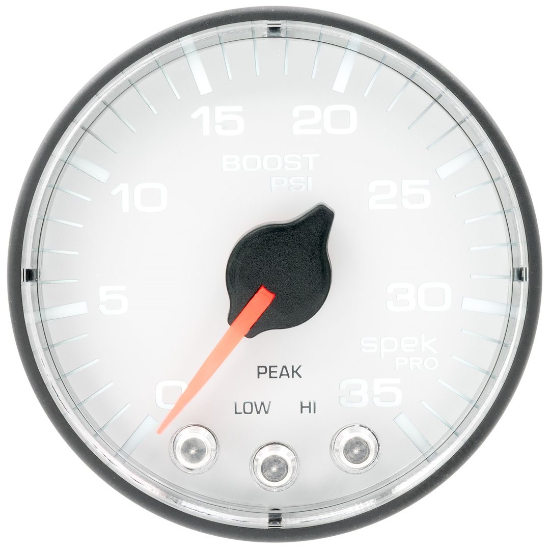 AutoMeter Gauge Boost, Spek Pro ™, 2-1/16 Inch, Full Sweep Electric, 0-35 PSI, Analog, White Face/ Black Bezel/ Red Needle, LED Illuminated – P303128