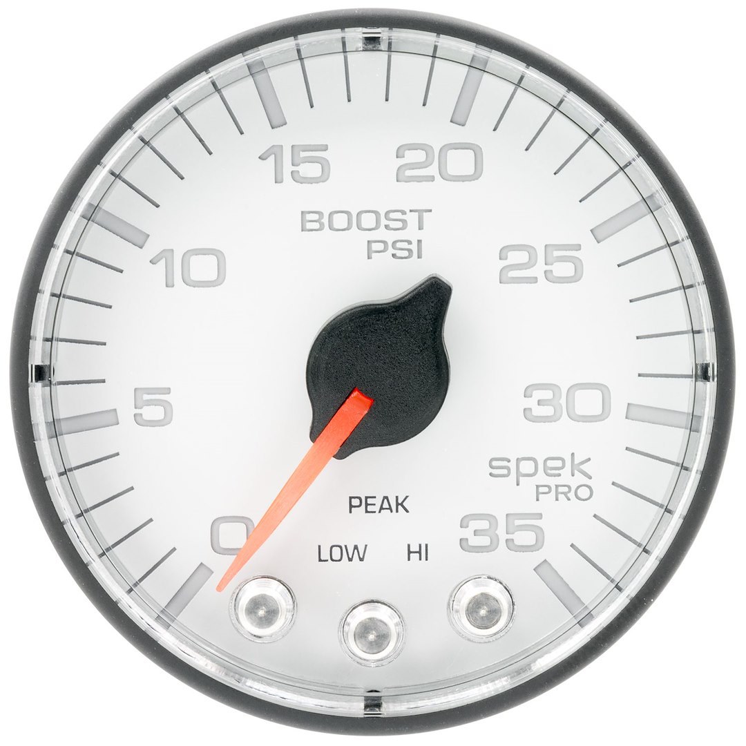 AutoMeter Gauge Boost, Spek Pro ™, 2-1/16 Inch, Full Sweep Electric, 0-35 PSI, Analog, White Face/ Black Bezel/ Red Needle, LED Illuminated – P303128