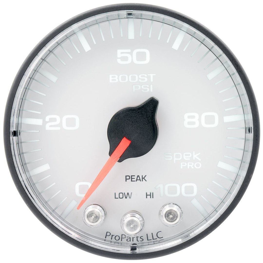 AutoMeter Gauge Boost, Spek Pro ™, 2-1/16 Inch, Full Sweep Electric, 0-100 PSI, Analog, White Face/ Black Bezel/ Red Needle, LED Illuminated – P305128