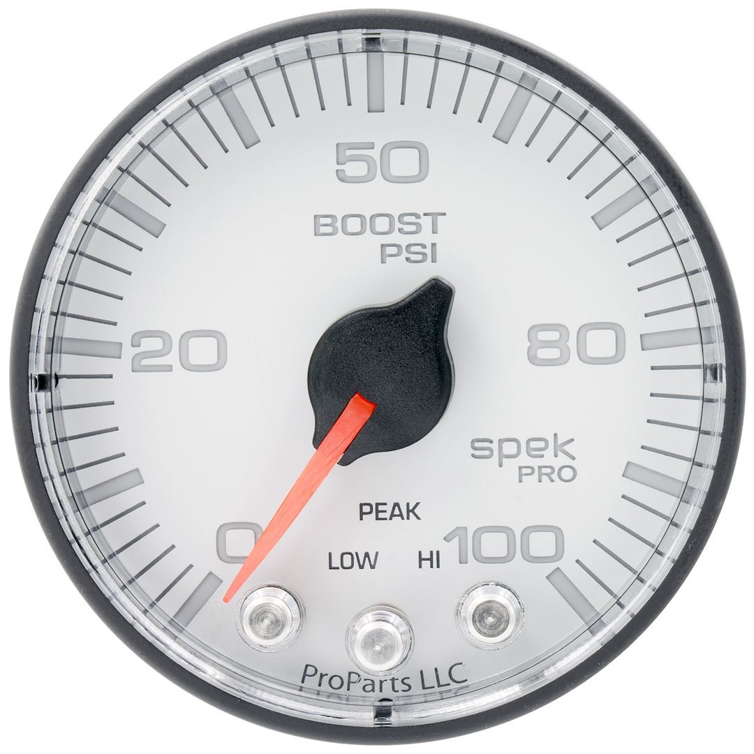 AutoMeter Gauge Boost, Spek Pro ™, 2-1/16 Inch, Full Sweep Electric, 0-100 PSI, Analog, White Face/ Black Bezel/ Red Needle, LED Illuminated – P305128