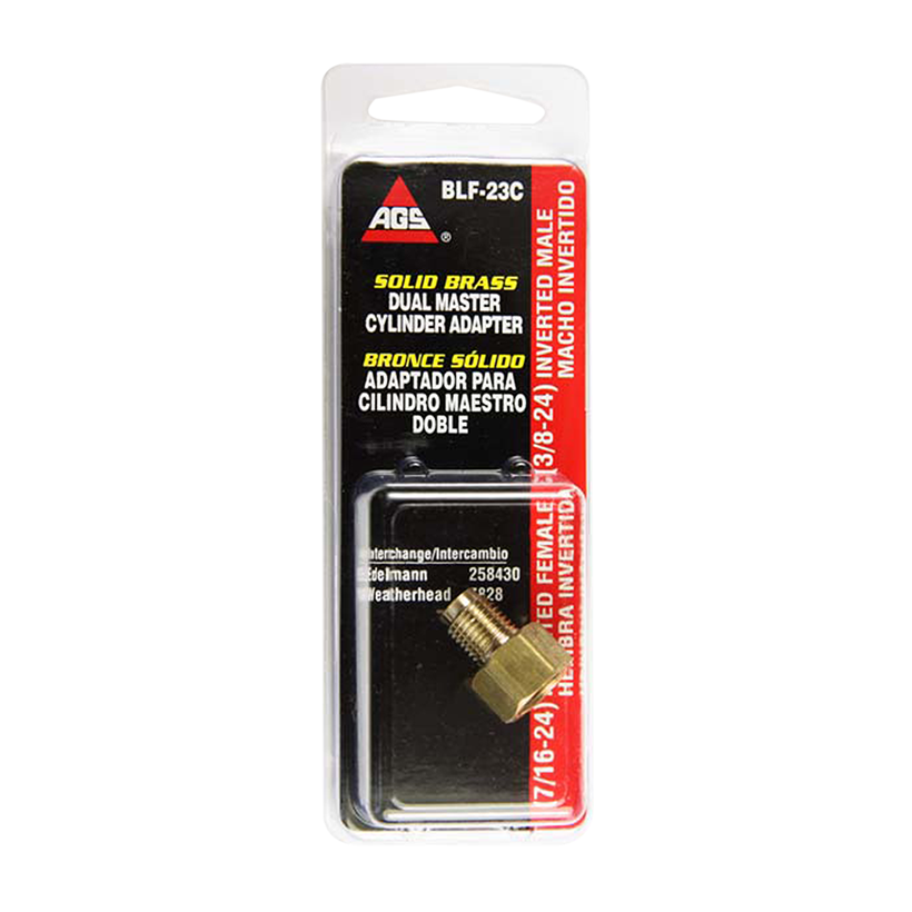 Ags Brake Line Fitting, Adapts 3/8-24 Port to 1/4 Inch Domestic Brake Line, 7/16-24 Female Inverted Flare to 3/8-24 Male Inverted Flare – BLF-23C