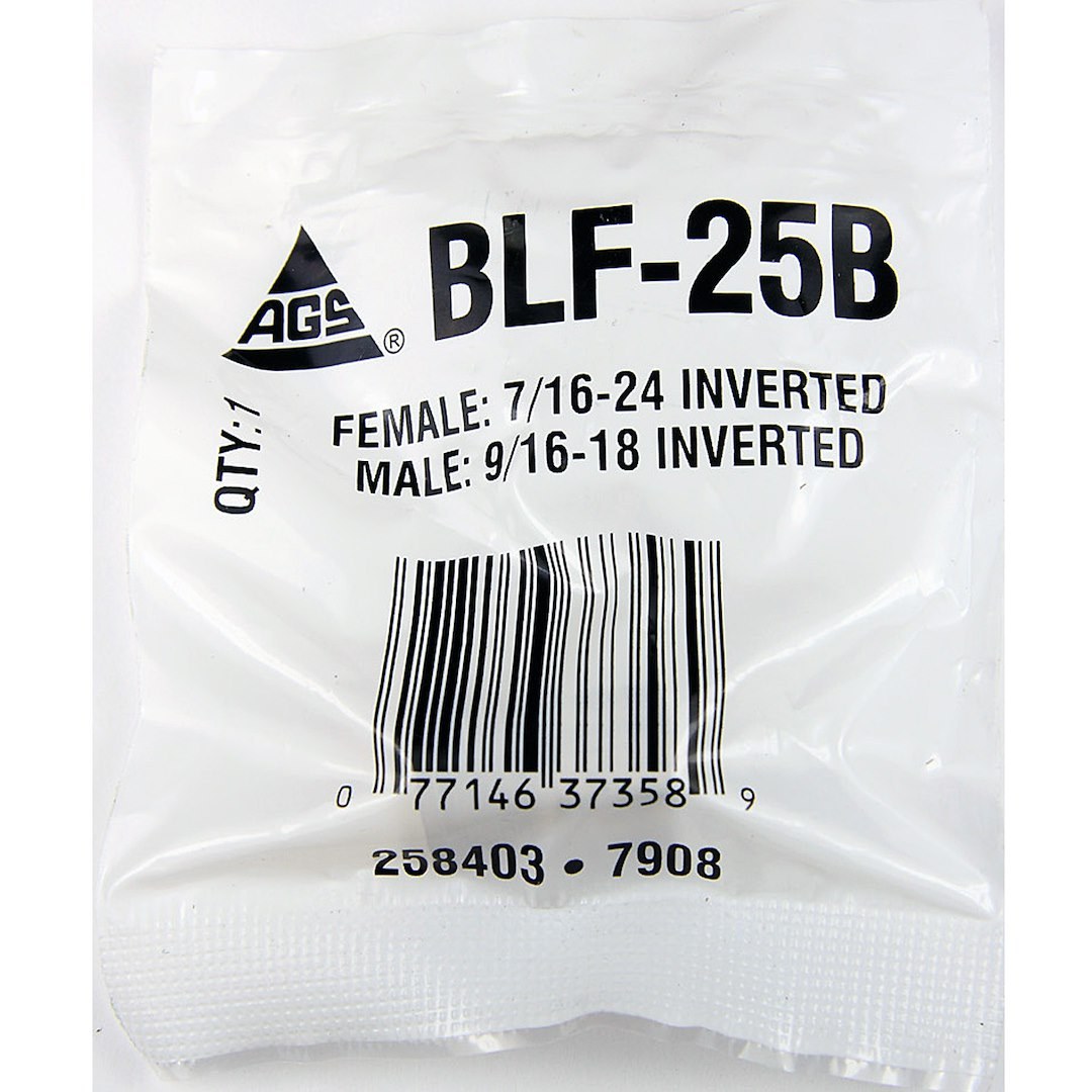Ags Brake Line Fitting, Adapts 9/16-18 Port to 1/4 Inch Domestic Brake Line, 7/16-24 Female Inverted Flare to 9/16-18 Male Inverted Flare – BLF-25B