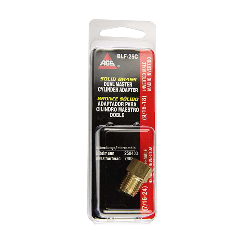 Ags Brake Line Fitting, Adapts 9/16-18 Port to 1/4 Inch Domestic Brake Line, 7/16-24 Female Inverted Flare to 9/16-18 Male Inverted Flare – BLF-25C