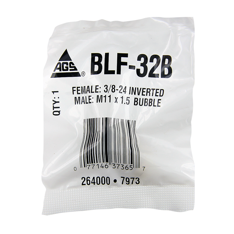 Ags Brake Line Fitting, Adapts Metric Bubble Port to 3/16 Inch Domestic Brake Line, 3/8-24 Female Inverted Flare to M11 X 1.5 Male Bubble – BLF-32B