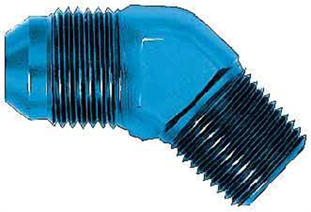 Aeroquip Adapter Fitting, 45 Degree -4 AN Male to 1/8 Inch Pipe Thread, Anodized, Blue, Aluminum – FCM2021
