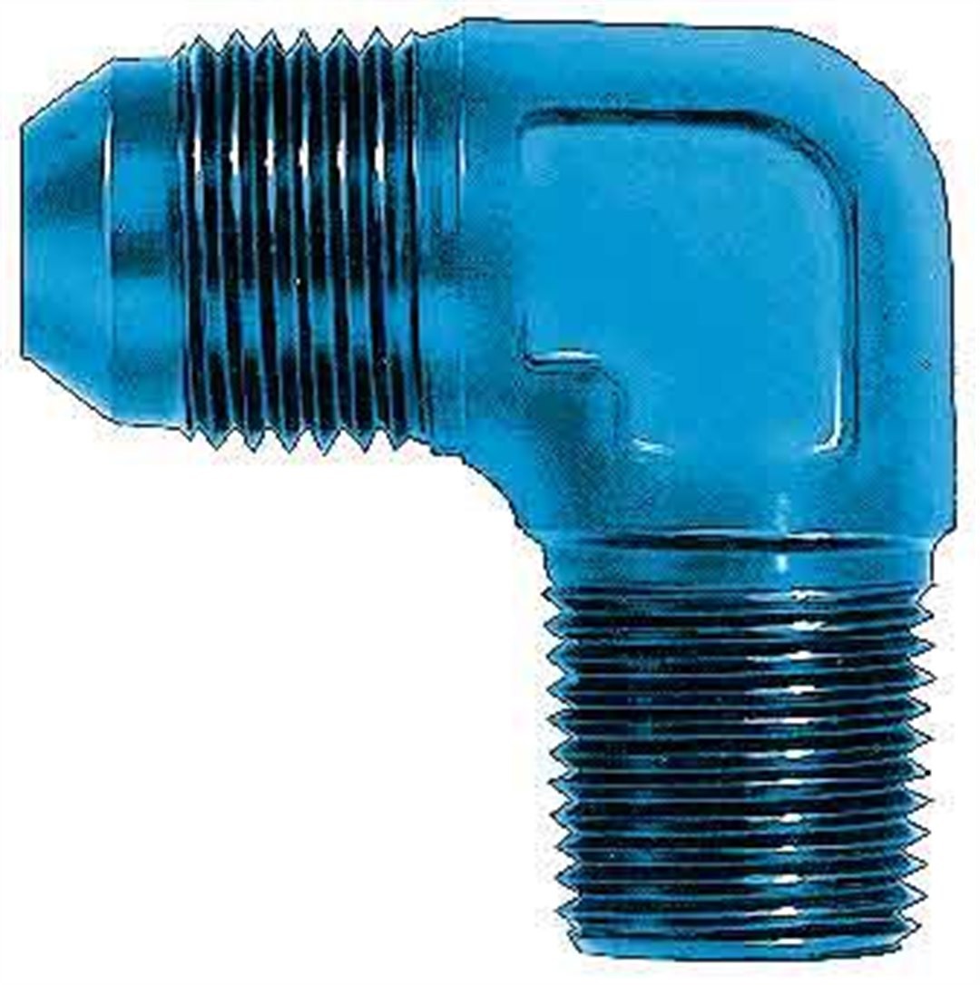 Aeroquip Adapter Fitting, 90 Degree -10 AN Male to 1/2 Inch Pipe Thread, Anodized, Blue, Aluminum – FCM2039