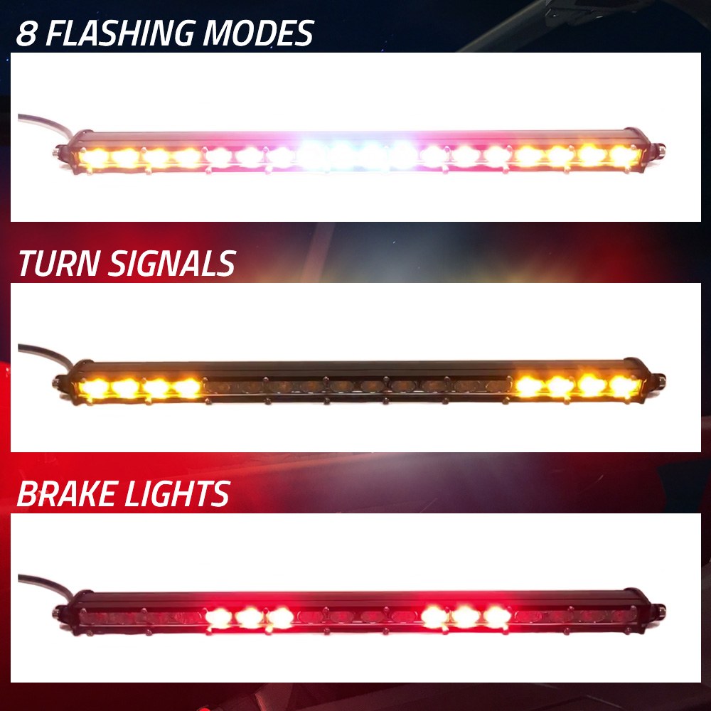 Advanced Acc Light Bar, Brite-Saber, LED Bulb, 18-1/2 Inch Length, 18 Led’s, 8 Flash Patterns, Red Brake Light, Amber Turn Signal Light – 81801