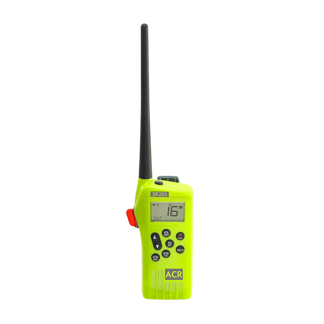 Acr Electron VHF Radio, SR203, Handheld, United States/ Canadian/ International Channels, 2.5 Watts, Lcd Digital Display, Yellow – 2827