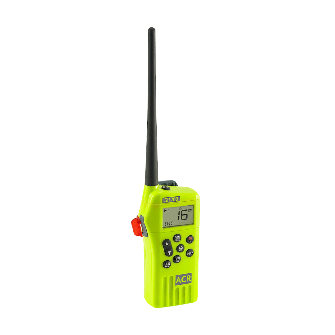Acr Electron VHF Radio, SR203, Handheld, United States/ Canadian/ International Channels, 2.5 Watts, Lcd Digital Display, Yellow – 2827