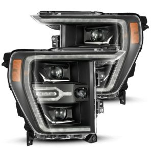 Alpharex USA Headlight Assembly, Luxx-Series, LED Bulb, Projector Beam with White Daytime Running Light/ Amber Sequential Turn Signal – 880139