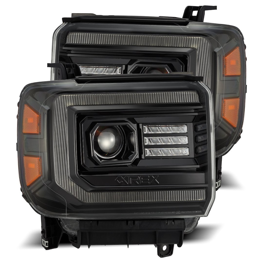 Alpharex USA Headlight Assembly, Luxx-Series, LED Bulb, Projector Beam with White Daytime Running Light/ Amber Sequential Turn Signal – 880614