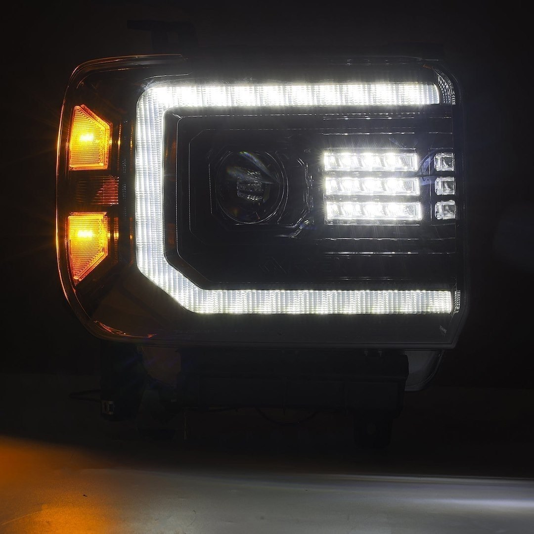 Alpharex USA Headlight Assembly, Luxx-Series, LED Bulb, Projector Beam with White Daytime Running Light/ Amber Sequential Turn Signal – 880614
