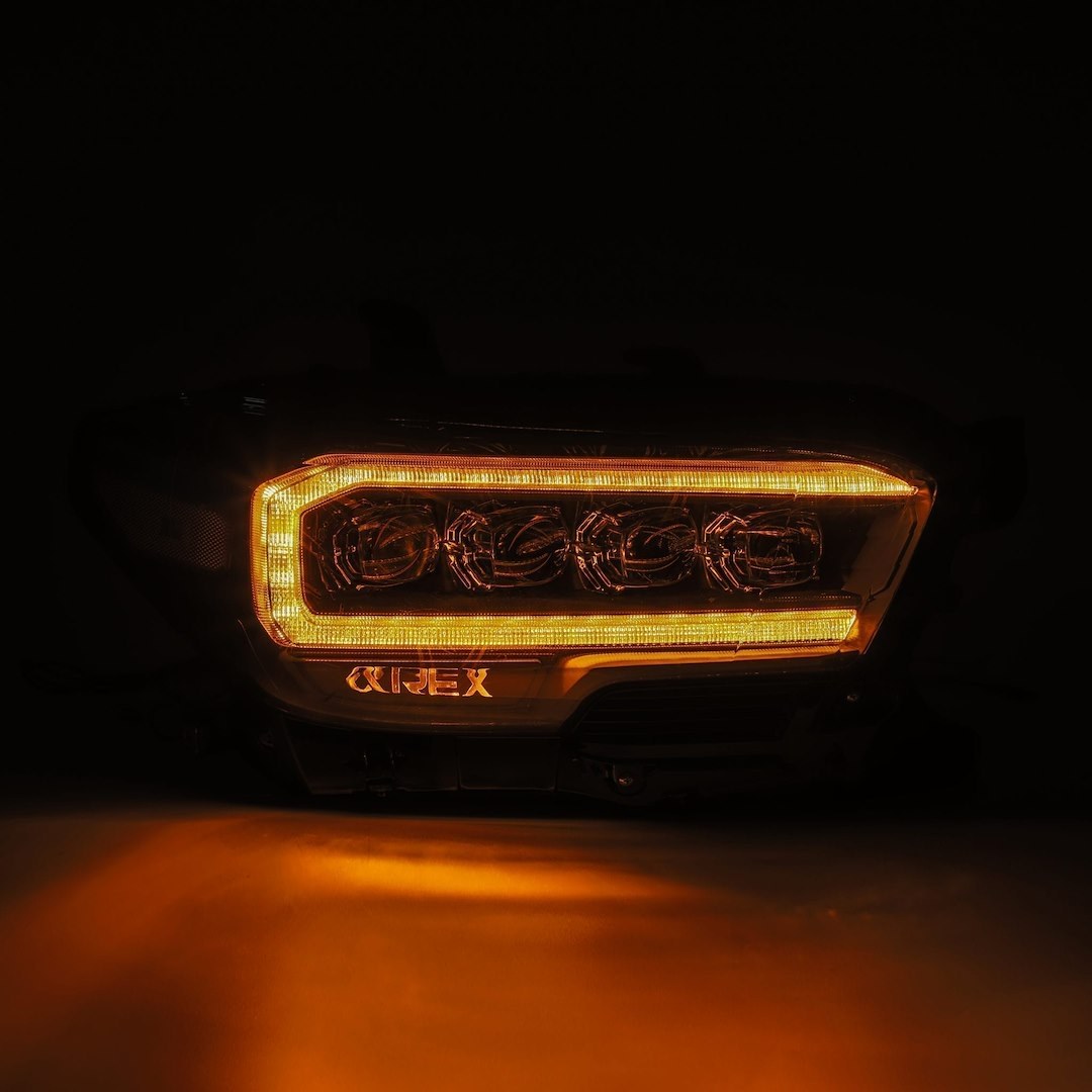 Alpharex USA Headlight Assembly, Nova-Series, LED Bulb, Projector Beam with White Daytime Running Light/ Amber Sequential Signal, 4 Osram LED – 880705