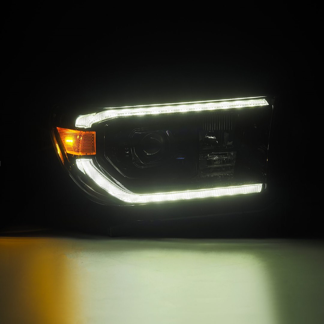 Alpharex USA Headlight Assembly, Luxx-Series, LED, Projector Beam, White/ Amber Daytime Running Light and Amber Sequential Turn Signal – 880825