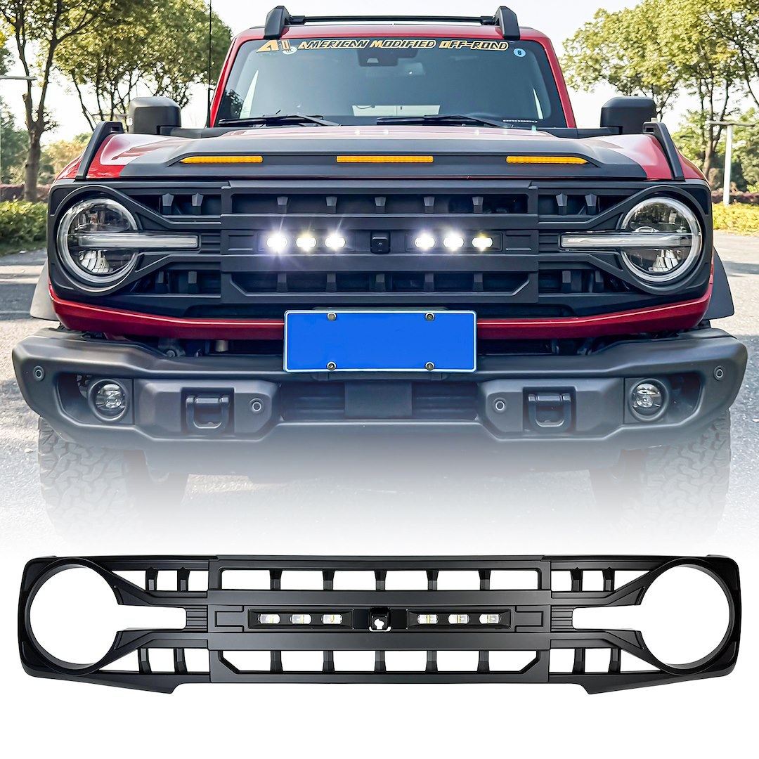 American Mod Grille, Armor, Bar Style, With Light Cutout, Matte Black, ABS Plastic, With Off-Road LED Lights/ Camera Bracket – AMFMEA00116