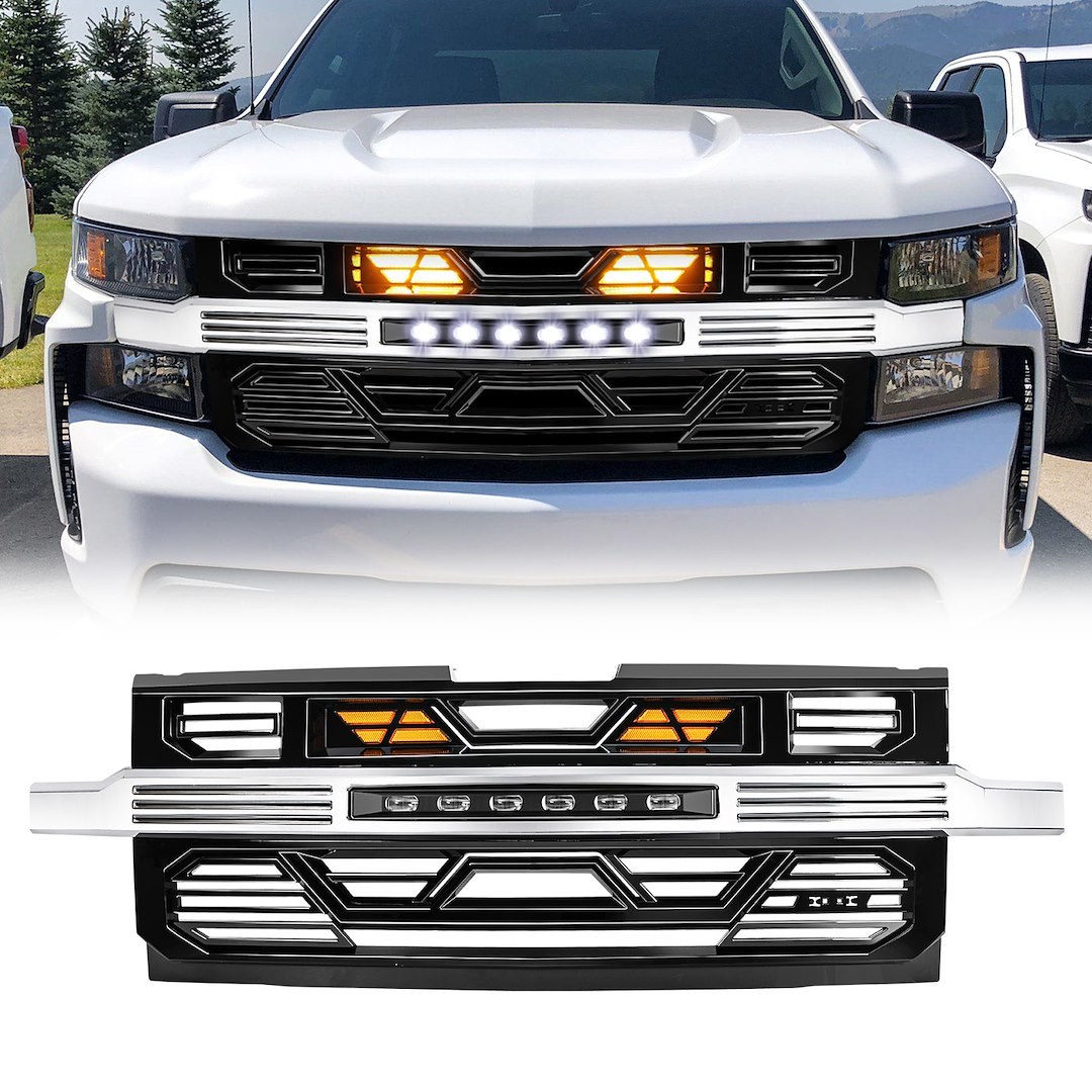 American Mod Grille, Armor, With Light Cutouts, Chrome Gloss Black, ABS Plastic – AMCHCA00132