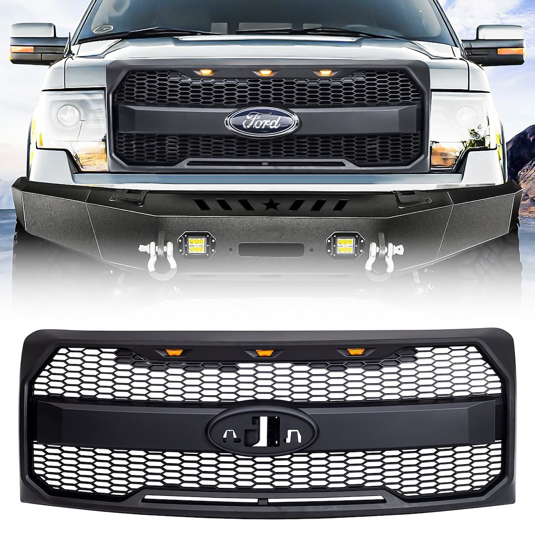 American Mod Grille, Raptor, Honeycomb Style, With Emblem and Light Cutouts, Matte Black, ABS Plastic – AMFMAA00159