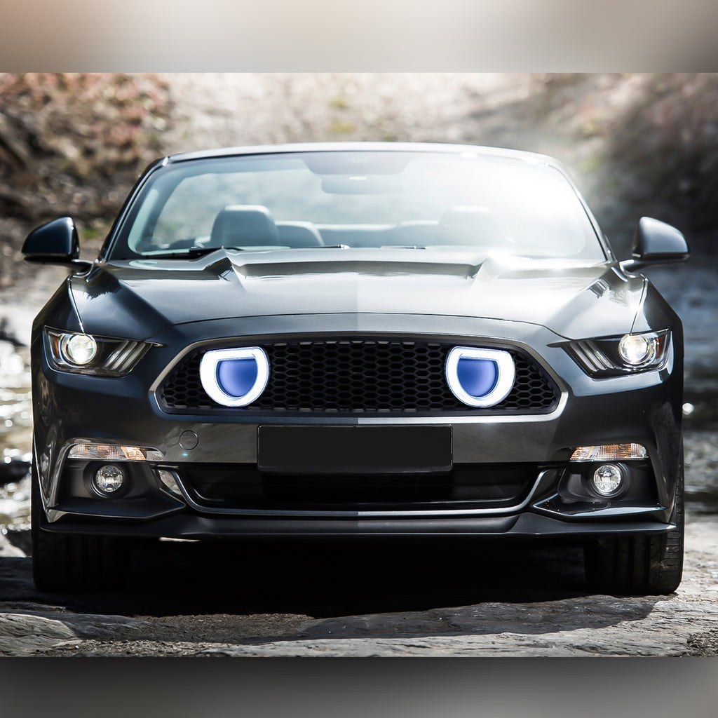 American Mod Grille, Mach 1, Matte Black, ABS Plastic, With Two Super White LED Daytime Running Light and Amber Turn Signal Light – AMFMCA00615