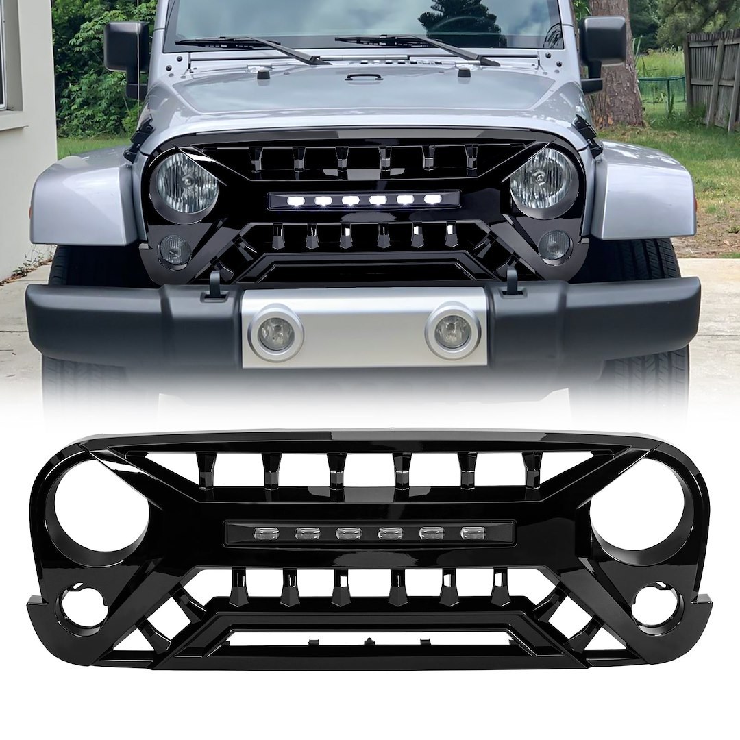 American Mod Grille, Armor, Bar Style, With Light Cutout, Gloss Black, ABS Plastic, With LED Off-Road Lights – AMJPAA00135