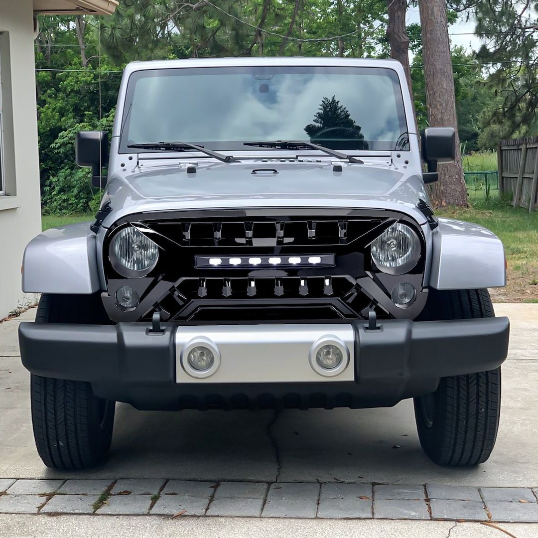 American Mod Grille, Armor, Bar Style, With Light Cutout, Gloss Black, ABS Plastic, With LED Off-Road Lights – AMJPAA00135