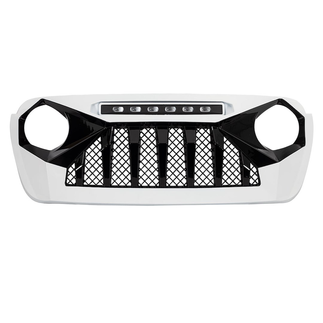 American Mod Grille, Demon, Bar/ Mesh Style, With Light Cutouts, Black/ White, ABS Plastic, With Six White LED Beads – AMJPCA00122