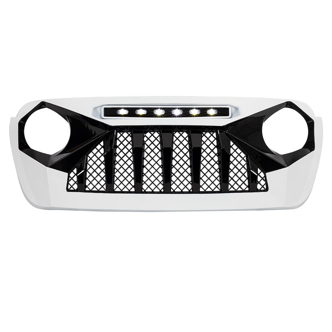 American Mod Grille, Demon, Bar/ Mesh Style, With Light Cutouts, Black/ White, ABS Plastic, With Six White LED Beads – AMJPCA00122