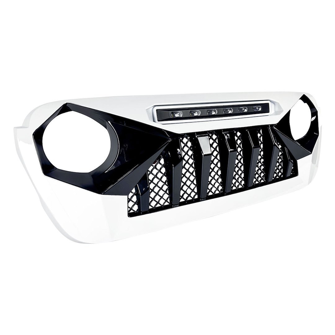 American Mod Grille, Demon, Bar/ Mesh Style, With Light Cutouts, Black/ White, ABS Plastic, With Six White LED Beads – AMJPCA00122