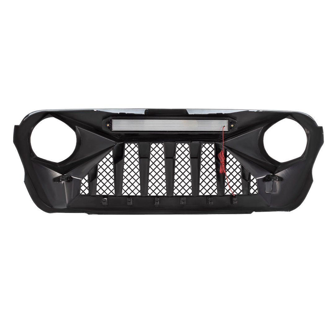 American Mod Grille, Demon, Bar/ Mesh Style, With Light Cutouts, Black/ White, ABS Plastic, With Six White LED Beads – AMJPCA00122