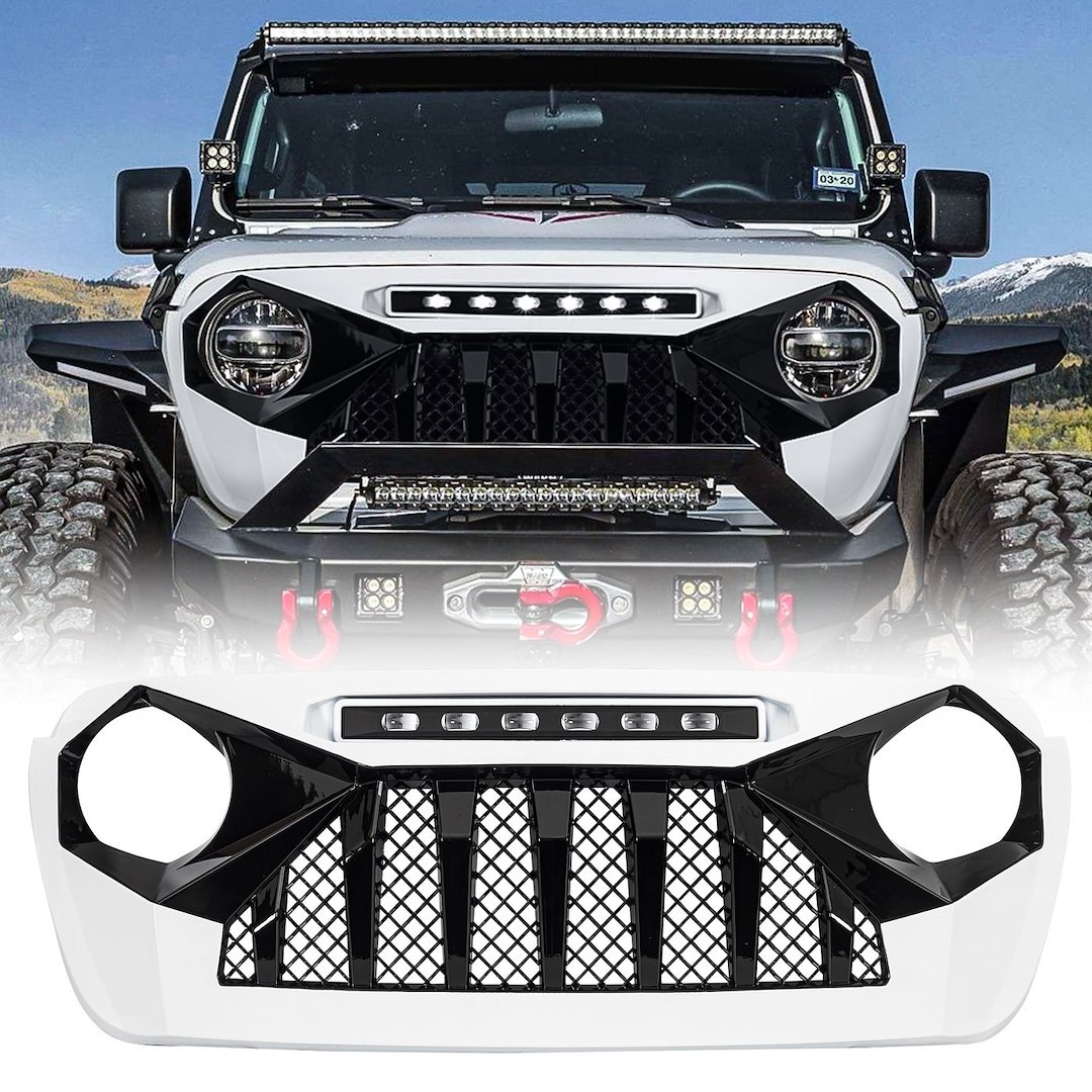 American Mod Grille, Demon, Bar/ Mesh Style, With Light Cutouts, Black/ White, ABS Plastic, With Six White LED Beads – AMJPCA00122