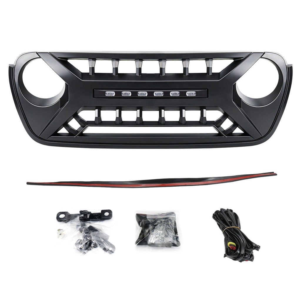 American Mod Grille, Armor, With Light Cutouts, Matte Black, ABS Plastic, With Camera Bracket/ Off-Road Light Bar – AMJPCA00124