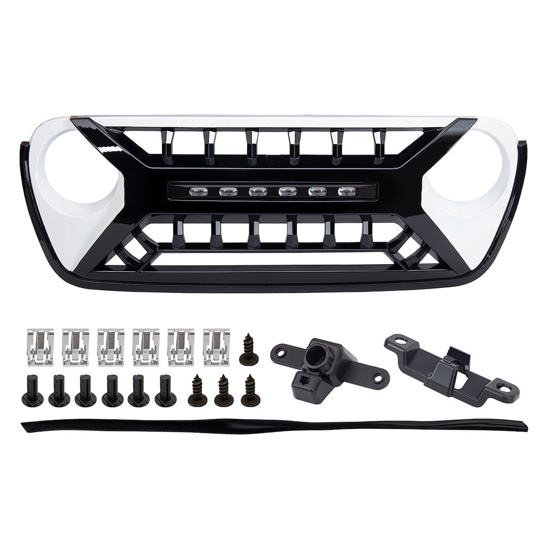 American Mod Grille, Armor, Bar Style, With Light Cutouts, Black/ White, ABS Plastic, With Off Road Lights/ Camera Bracket – AMJPCA00127