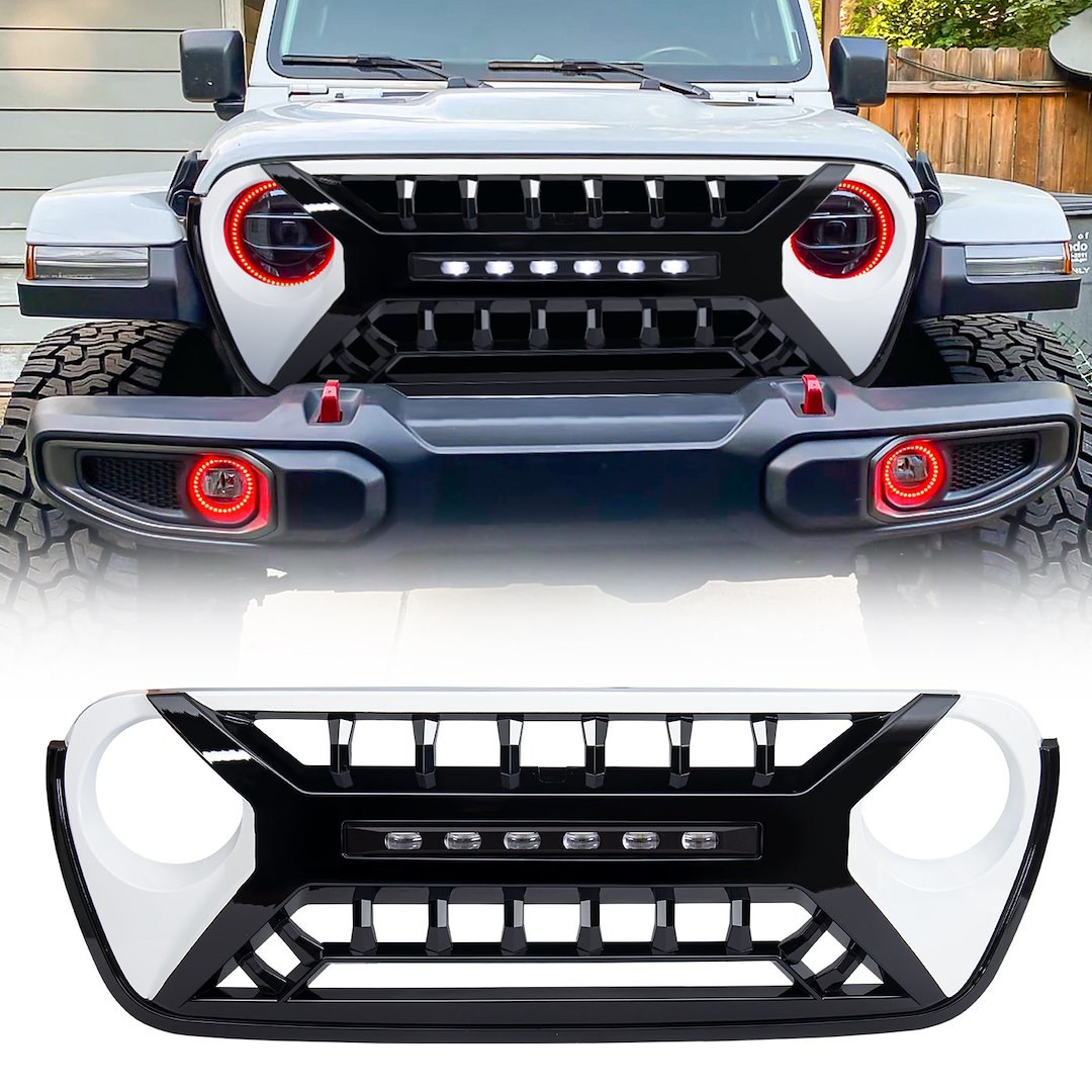 American Mod Grille, Armor, Bar Style, With Light Cutouts, Black/ White, ABS Plastic, With Off Road Lights/ Camera Bracket – AMJPCA00127