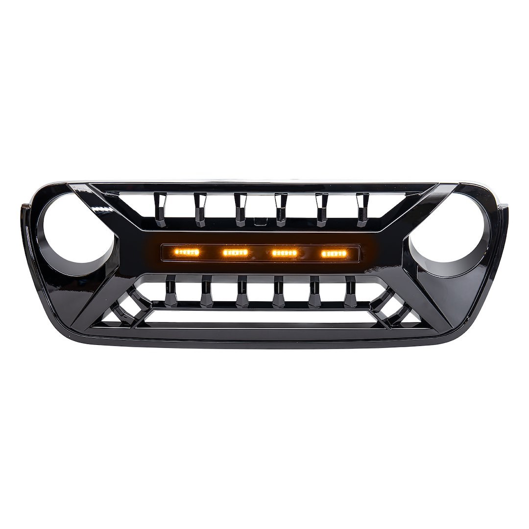 American Mod Grille, Armor, Bar Style, With Light Cutouts, Gloss Black, ABS Plastic, With Amber LED Lights/ Camera Bracket – AMJPCA00128