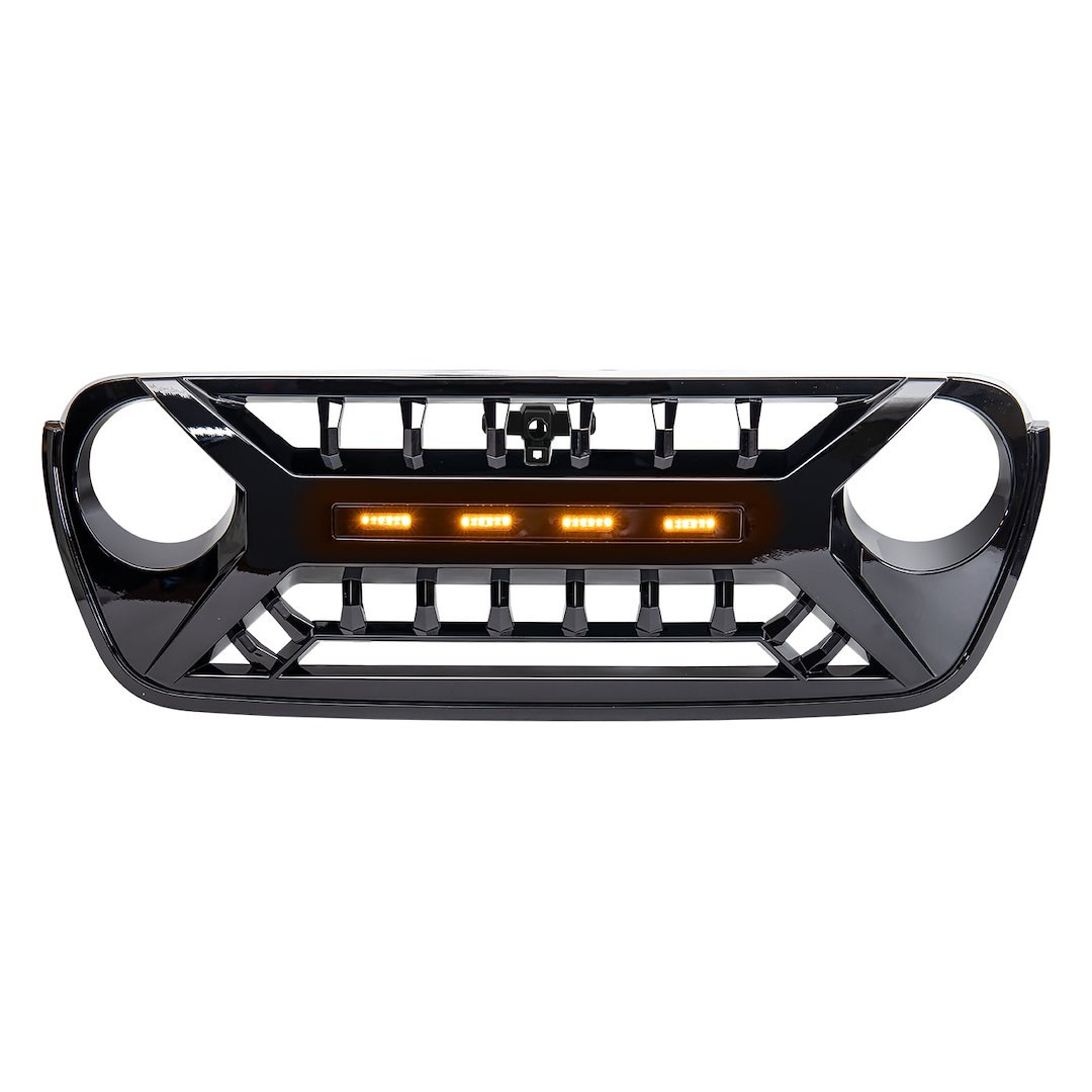 American Mod Grille, Armor, Bar Style, With Light Cutouts, Gloss Black, ABS Plastic, With Amber LED Lights/ Camera Bracket – AMJPCA00128