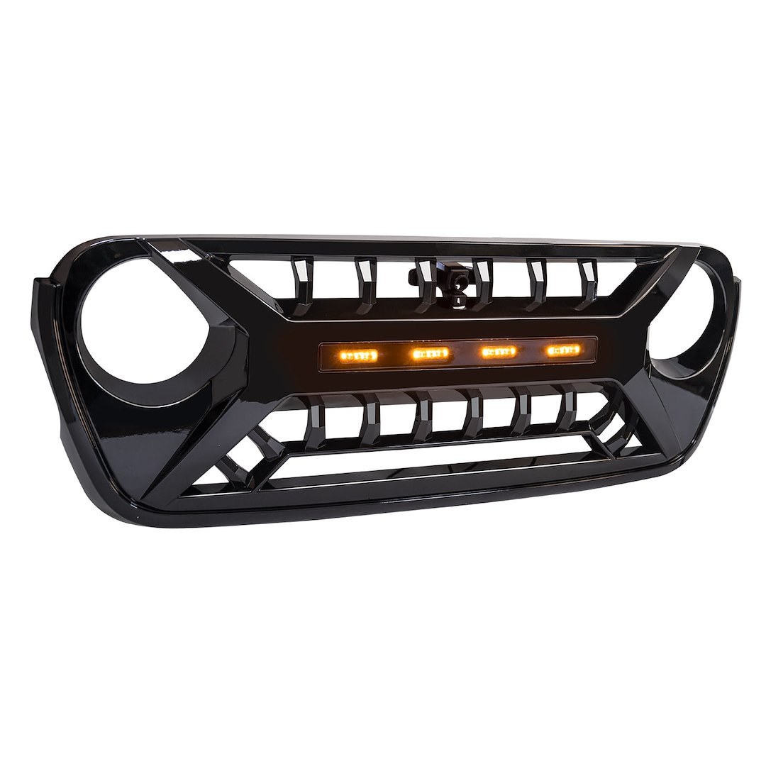American Mod Grille, Armor, Bar Style, With Light Cutouts, Gloss Black, ABS Plastic, With Amber LED Lights/ Camera Bracket – AMJPCA00128