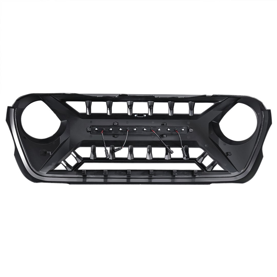 American Mod Grille, Armor, Bar Style, With Light Cutouts, Gloss Black, ABS Plastic, With Amber LED Lights/ Camera Bracket – AMJPCA00128
