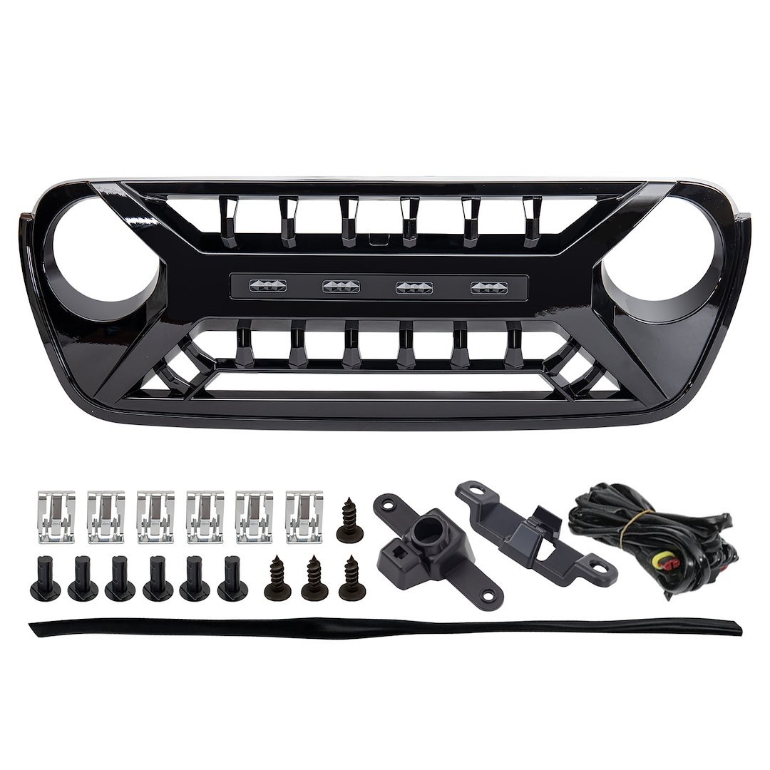 American Mod Grille, Armor, Bar Style, With Light Cutouts, Gloss Black, ABS Plastic, With Amber LED Lights/ Camera Bracket – AMJPCA00128