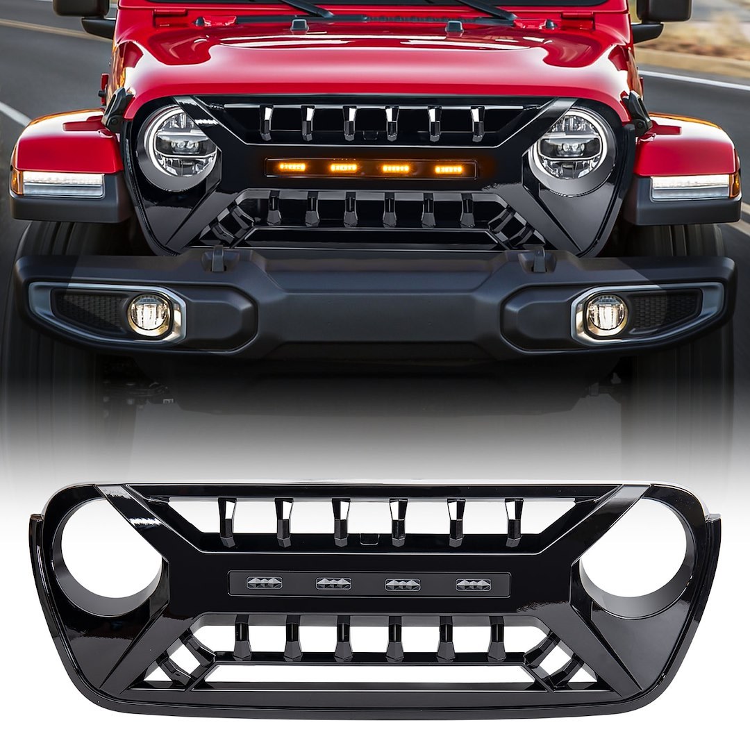 American Mod Grille, Armor, Bar Style, With Light Cutouts, Gloss Black, ABS Plastic, With Amber LED Lights/ Camera Bracket – AMJPCA00128