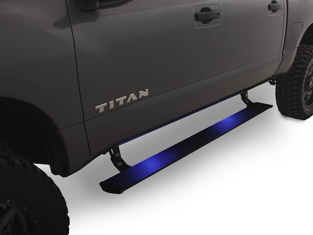 Amp Research Running Board, Powerstep™, Textured Powder Coated, Black, Die Cast Aluminum, With LED Light System, Rocker Panel Mount – 76120-01A