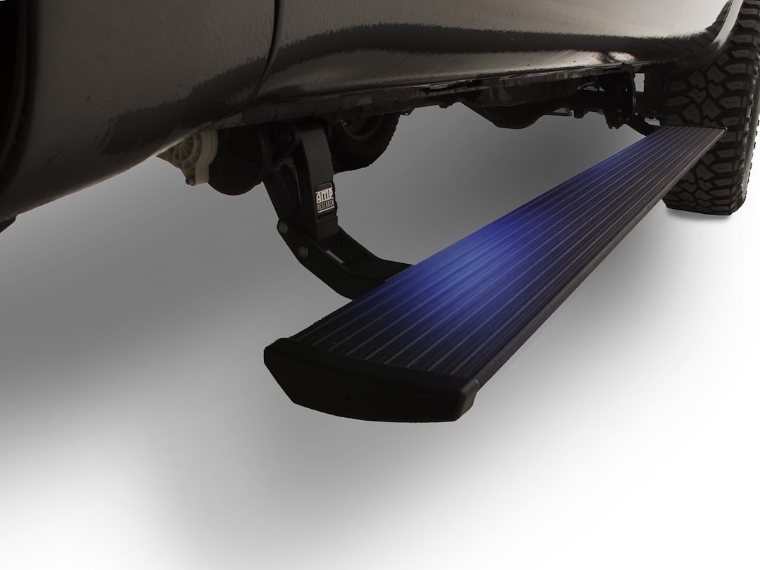 Amp Research Running Board, Powerstep™, Textured Powder Coated, Black, Die Cast Aluminum, With LED Light System, Rocker Panel Mount – 76120-01A