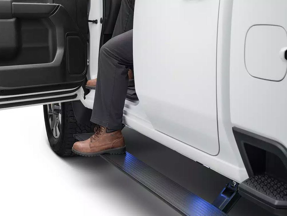 Amp Research Running Board, Powerstep™, Textured Powder Coated, Black, Die Cast Aluminum, With LED Light System, Rocker Panel Mount – 76235-01A