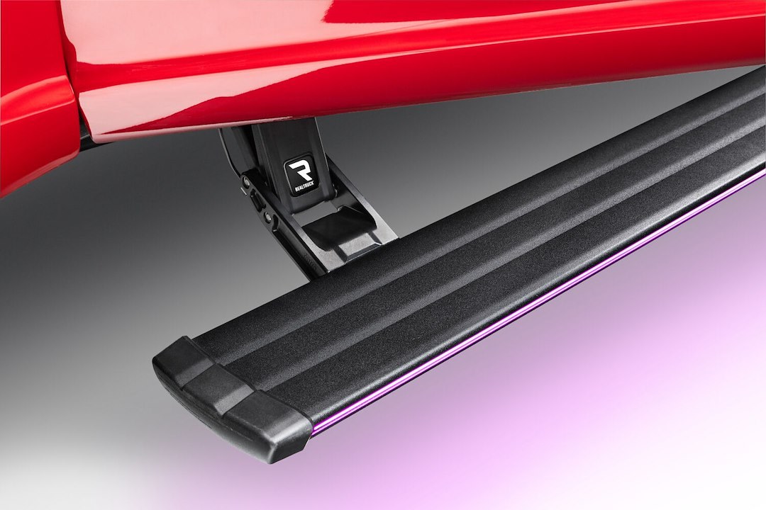 Amp Research Running Board, Powerstep™, Textured Powder Coated, Black, Die Cast Aluminum, With LED Light System, Rocker Panel Mount – 76242-01A